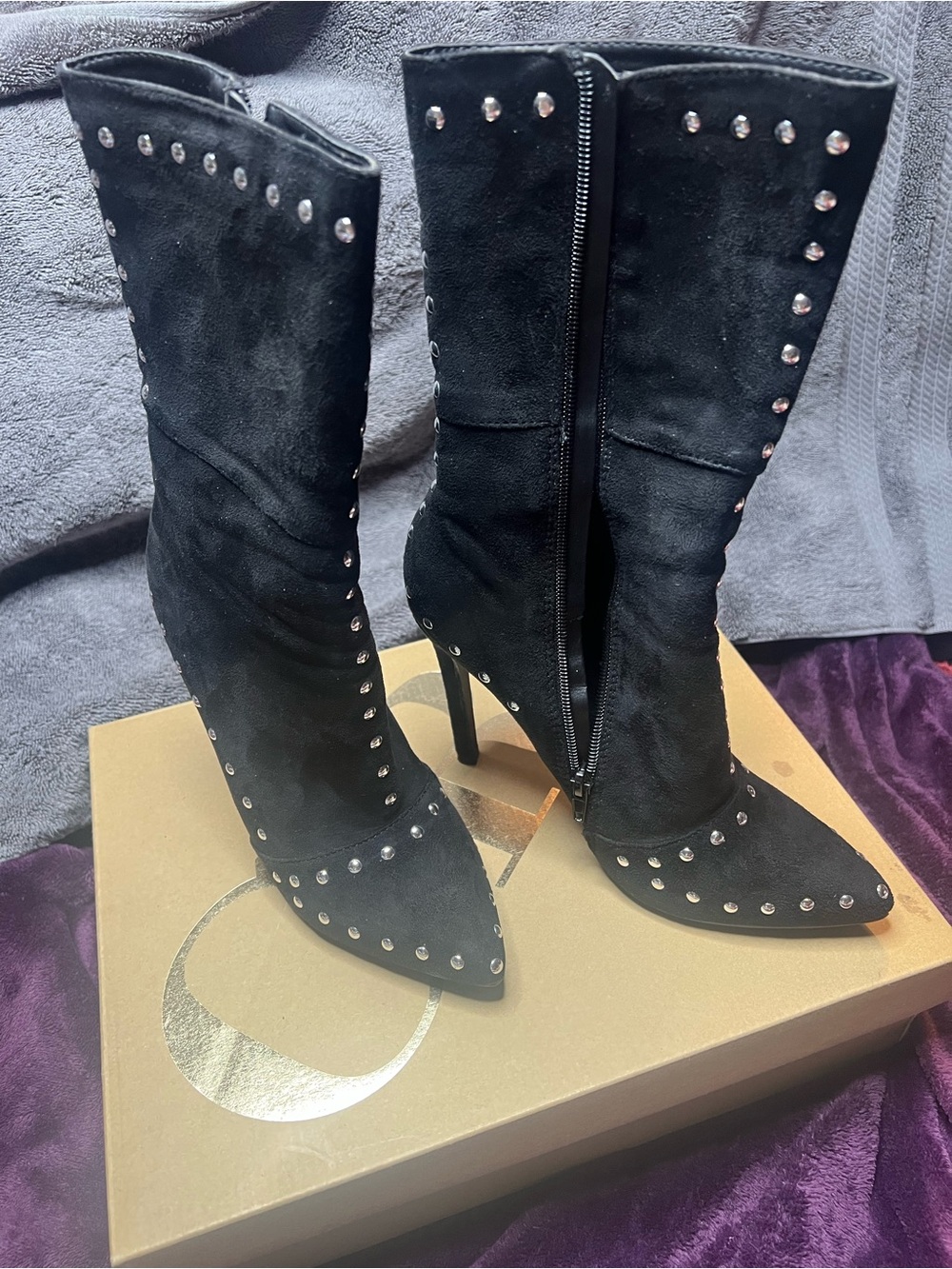 Women's Black Studded Pointed-Toe Knee Boots